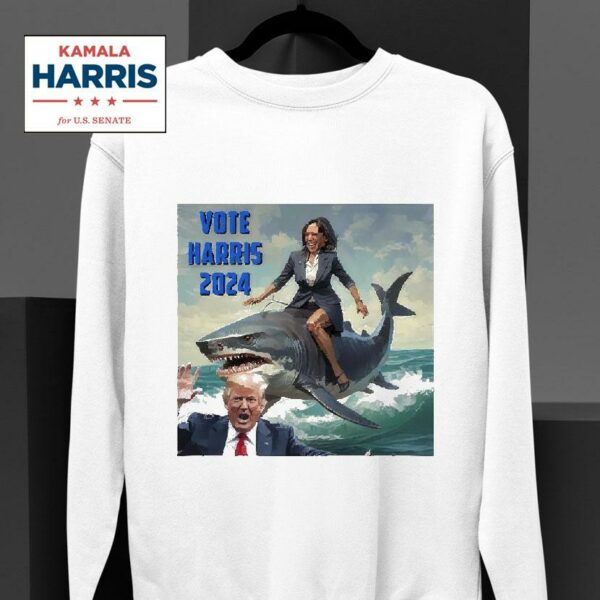 Vote Harris Donald Trump And Kamala Harris Riding A Shark Sweatshirt