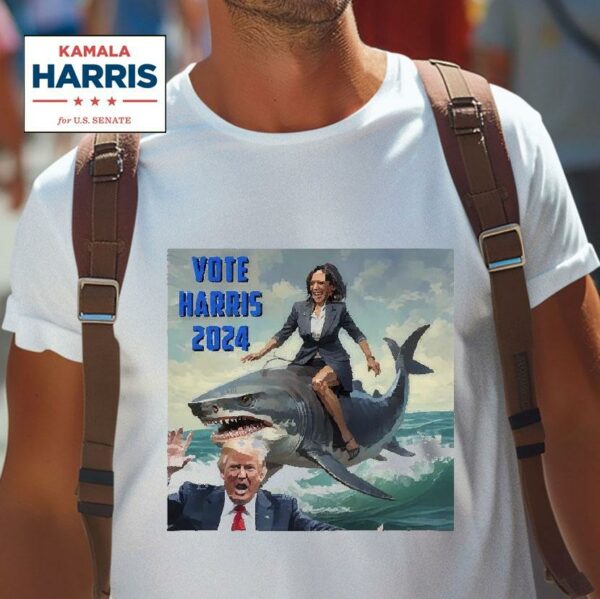 Vote Harris Donald Trump And Kamala Harris Riding A Shark Tshirt