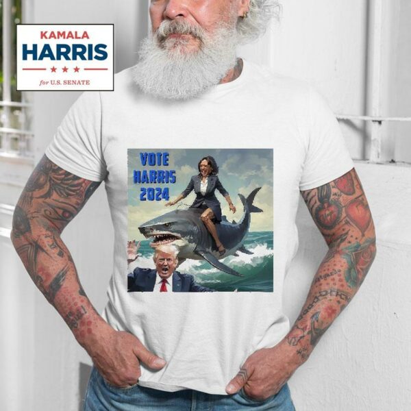 Vote Harris Donald Trump And Kamala Harris Riding A Shark Tshirt